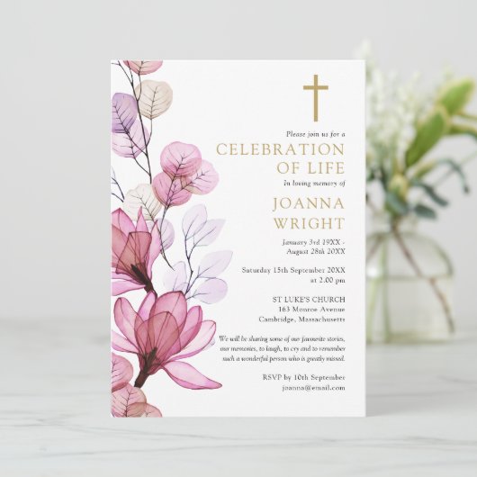 Roze Bloemen Christelijke Viering van het Leven Be Kaart (Staand voorkant)