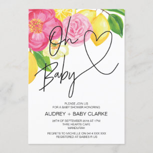 Roze Bloemen & Citroen Lente Oh Baby Meisje Douche Kaart