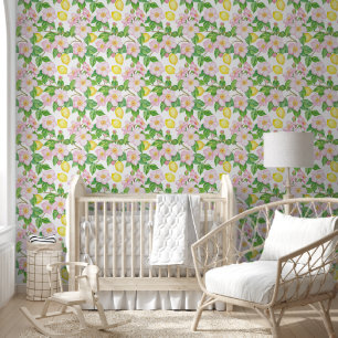 Roze Bloemen Citroenen Patroon Behang