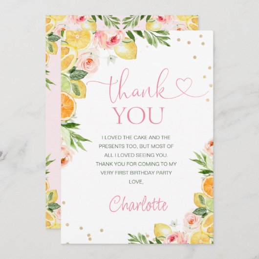 Roze Bloemen Citrus Verjaardag Dank u kaart (Voorkant / Achterkant)