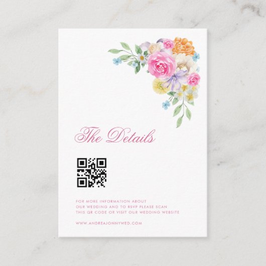 Roze Bloemen Classy Script QR Code Bruiloft Detail Informatiekaartje (Voorkant)