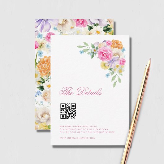 Roze Bloemen Classy Script QR Code Bruiloft Detail Informatiekaartje