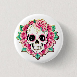 Roze Bloemen Coquette Bloemen Schedel Roos Skelet Ronde Button 3,2 Cm