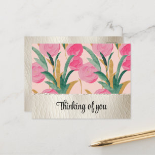 Roze bloemen & crème Faux Leather Briefkaart