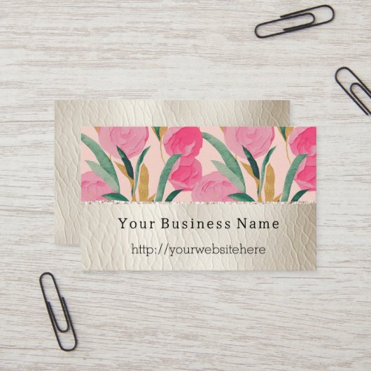 Roze bloemen & crème Faux Leather Visitekaartje (Voorkant / Achterkant in situ)
