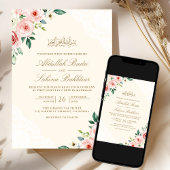 Roze Bloemen Crème Kant QR Code Moslim Bruiloft Kaart