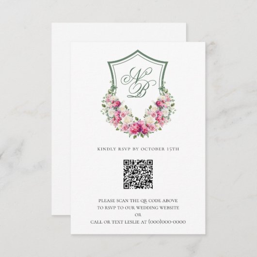 Roze Bloemen Crest Bruiloft RSVP Kaartje (Voorkant / Achterkant)