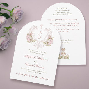 Roze Bloemen Crest Monogrammen Katholieke bruiloft Kaart