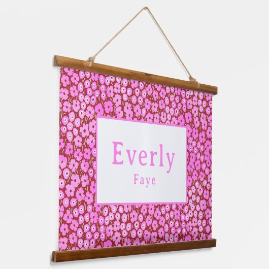 Roze Bloemen Custom Baby Meisje Naam Kwekerij Deco Hangend Wandkleed (Gebogen)