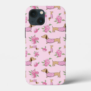 Roze Bloemen Dachshund Theme Telefoon iPhone 13 Mini Hoesje