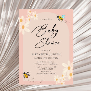 Roze Bloemen Daisy Bijen Baby shower Uitnodiging