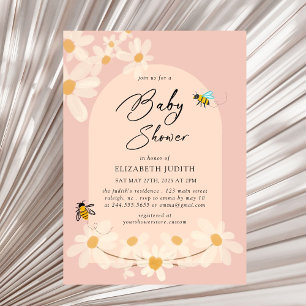 Roze Bloemen Daisy Bijen Baby shower Uitnodiging
