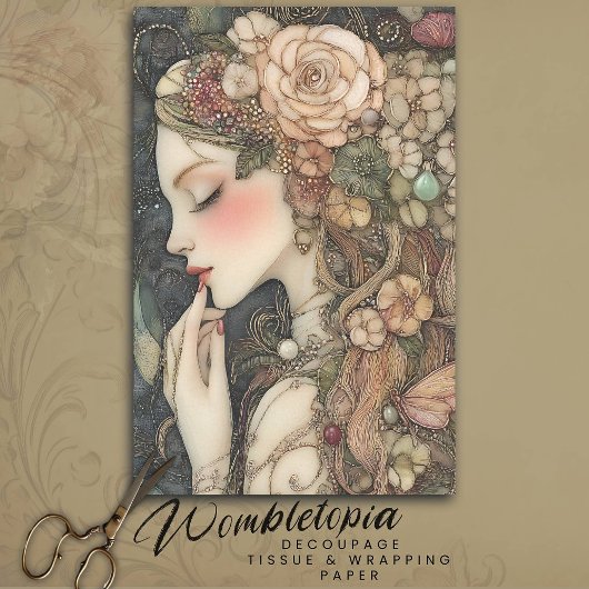Roze Bloemen Dame met Borduurwerk Decoupage Tissuepapier