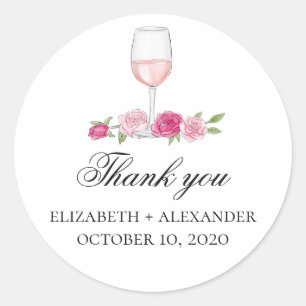 Roze bloemen dank je. Wine Glass. Bloemenbruiloft Ronde Sticker