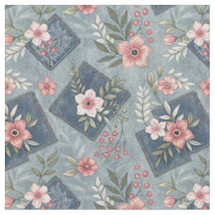 Roze Bloemen & Denim Jeans - Bloemig Ontwerp Patro Stof