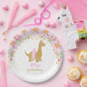 Roze Bloemen Dinosaurus Verjaardagsfeest Brachiosa Papieren Bordje (Feest)