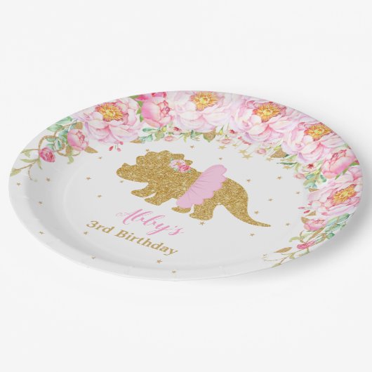 Roze Bloemen Dinosaurus Verjaardagsfeest Tricerato Papieren Bordje (Gekanteld)