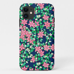 Roze bloemen, donkerblauwe achtergrond iPhone 11 hoesje