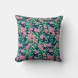 Roze bloemen, donkerblauwe achtergrond kussen
