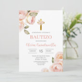 Roze Bloemen Doop Spaanse uitnodiging (Staand voorkant)