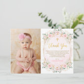 Roze Bloemen Doopsel Dankjewel Kaart (Staand voorkant)