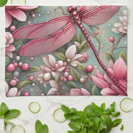Roze Bloemen Dragonfly Keuken Handdoek (Gevouwen)