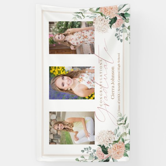 Roze Bloemen Drie foto's Kalligrafie Afstuderen Spandoek (Verticaal)