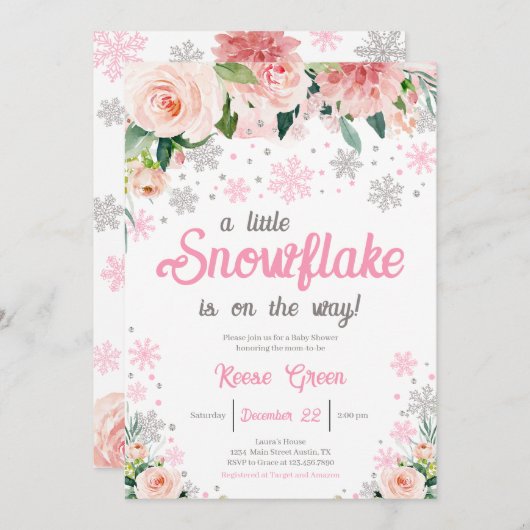 Roze Bloemen Een beetje Snowflake Baby shower Kaart (Voorkant / Achterkant)