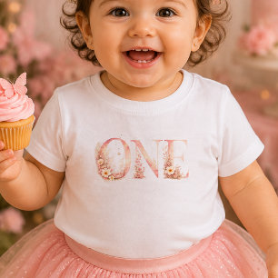 Roze bloemen een eerste verjaardag baby T-shirt