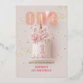 Roze Bloemen Eenhoorn Stijl Eerste Verjaardag Folie Uitnodiging (Voorkant)