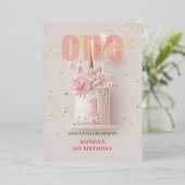 Roze Bloemen Eenhoorn Stijl Eerste Verjaardag Folie Uitnodiging (Staand Voorkant)