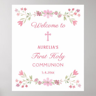 Roze bloemen eerste communie welkom poster