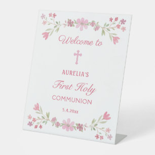 Roze bloemen eerste communie welkom reclamebord met voetstuk