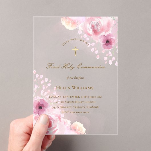 Roze bloemen Eerste Heilige Communie Acryl Uitnodigingen (Insitu (Draagbaar))