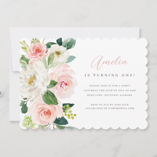 Roze Bloemen Eerste Verjaardag Uitnodiging (Voorkant)