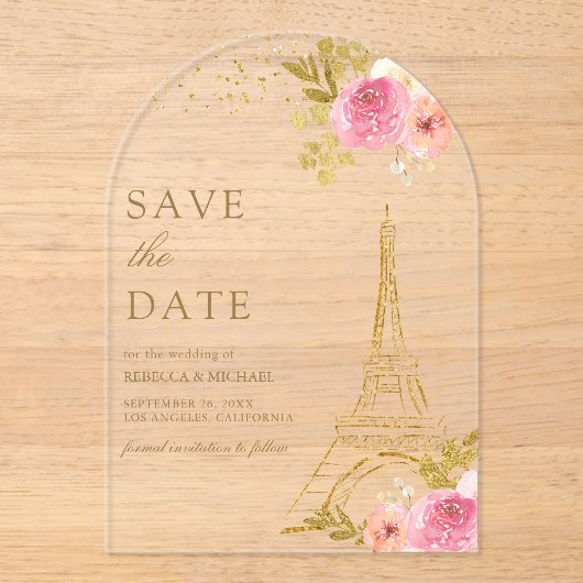 Roze Bloemen Eiffeltoren bruiloft Save the Date Acryl Uitnodigingen (Voorkant)