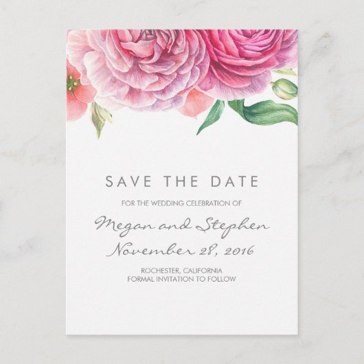Roze bloemen Elegant en romantisch Save the Date Aankondigingskaart (Voorkant)