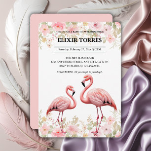 Roze Bloemen Elegant Flamingo Baby shower Kaart