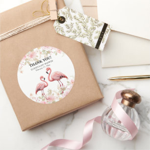 Roze Bloemen Elegant Flamingo Baby shower Ronde Sticker