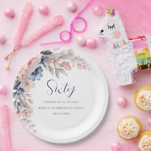 Roze Bloemen Elegant Script 60e Verjaardag Papieren Bordje (Feest)