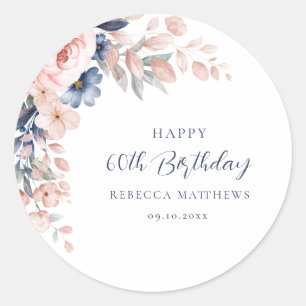 Roze Bloemen Elegant Script 60th Verjaardag Elke l Ronde Sticker
