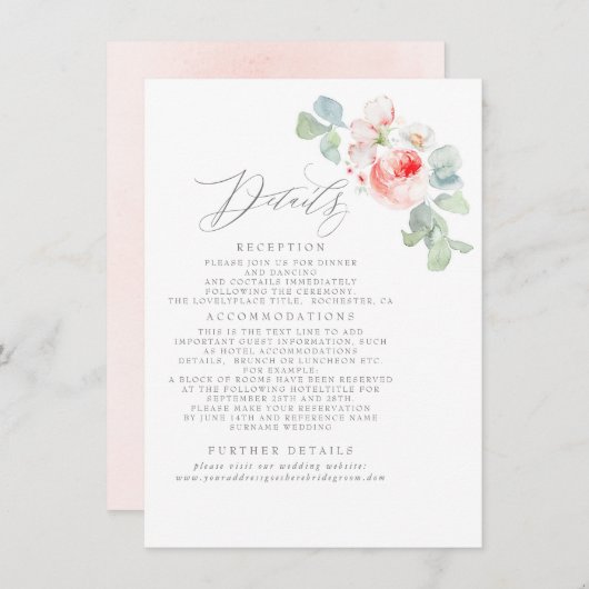 Roze bloemen Elegant Weddenschap Informatie Informatiekaartje (Voorkant / Achterkant)