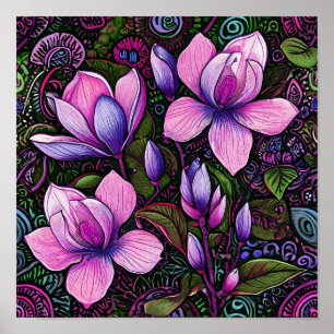Roze Bloemen Elegante Bloemige Vintage Kunst Poster