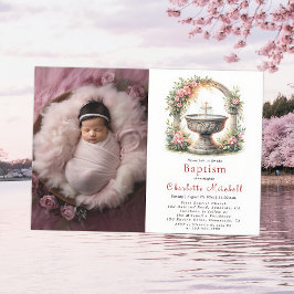 Roze Bloemen Elegante Kruisdoop Foto Kaart