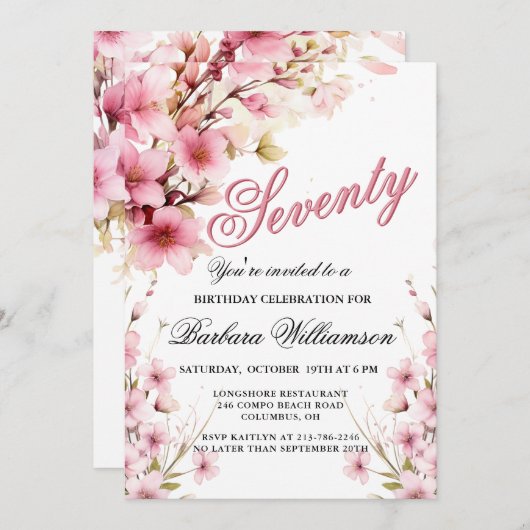 Roze Bloemen Elegantie 70ste Verjaardag Party Kaart (Voorkant / Achterkant)