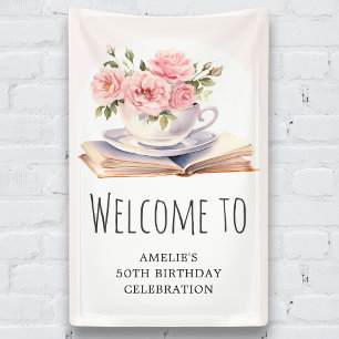 Roze Bloemen Elk Leeftijd Boek Thema Verjaardag We Spandoek