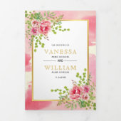 Roze bloemen en bladeren lente bloemstuk boho brui drieluik uitnodiging (Cover)