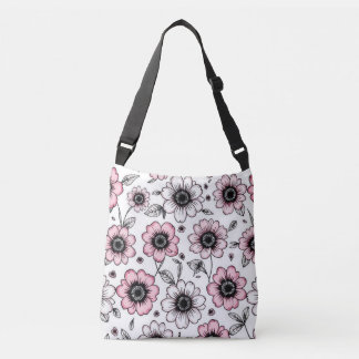 Roze bloemen en bladeren schetsontwerp crossbody tas