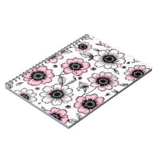 Roze bloemen en bladeren schetsontwerp notitieboek