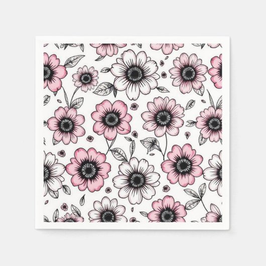 Roze bloemen en bladeren schetsontwerp servet (Voorkant)